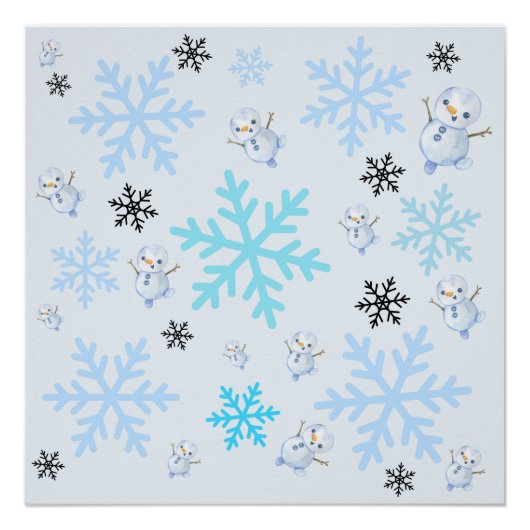 Schattigee sneeuwpoppen en sneeuwvlokken in lichtb perfect poster (Voorkant)