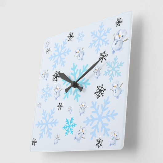 Schattigee sneeuwpoppen en sneeuwvlokken in lichtb vierkante klok (Hoek)
