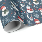 Schattigee sneeuwpoppen Greenery Blue Christmas Cadeaupapier (Rol Hoek)