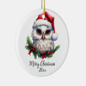 Schattigee Sneeuwuil in Santa Hat Holly Custom Keramisch Ornament (Rechts)