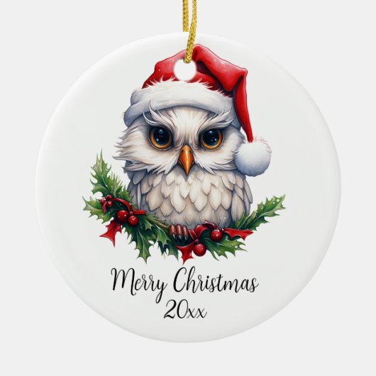 Schattigee Sneeuwuil in Santa Hat Holly Custom Keramisch Ornament (Voorkant)