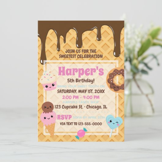 Schattigee snoepjes Kawaii verjaardagsfeestje Kaart (Staand voorkant)