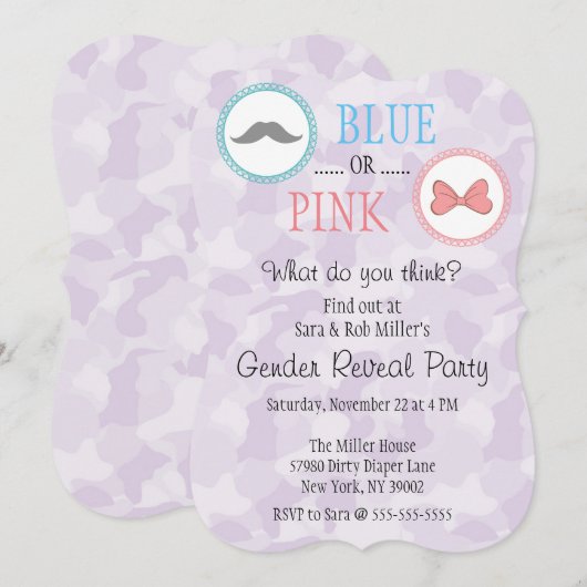 Schattigee snor & boog gender reveal uitnodiging (Voorkant / Achterkant)