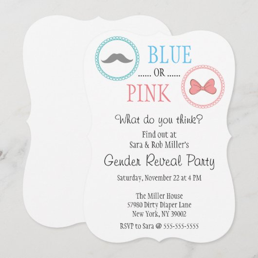 Schattigee snor & boog gender reveal uitnodiging (Voorkant / Achterkant)