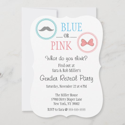 Schattigee snor & boog gender reveal uitnodiging (Voorkant)