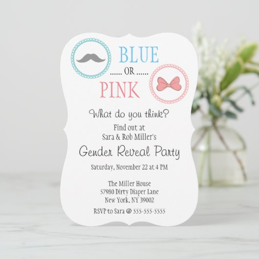 Schattigee snor & boog gender reveal uitnodiging (Staand voorkant)