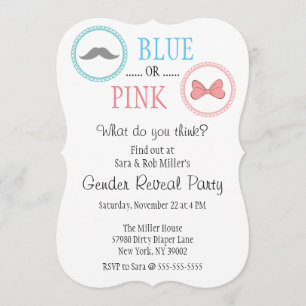 Schattigee snor & boog gender reveal uitnodiging
