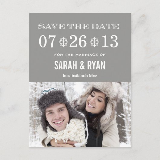 Schattigee Snowflake Grey Save the Date Foto Brief Aankondigingskaart (Voorkant)