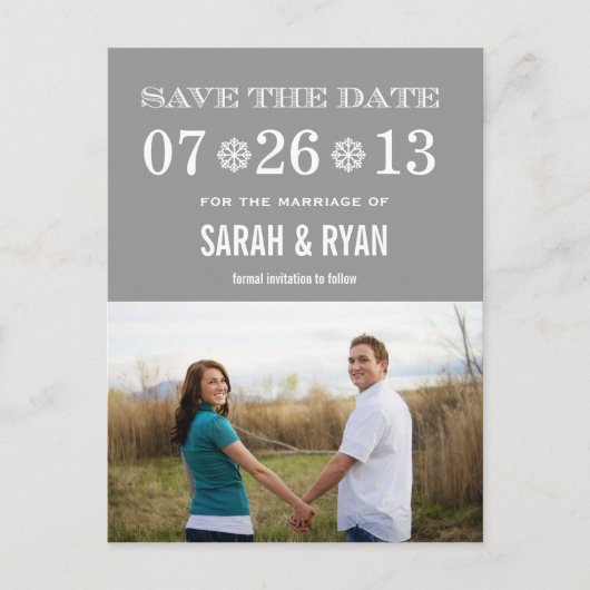 Schattigee Snowflake Grey Save the Date Foto Brief Aankondigingskaart (Voorkant)