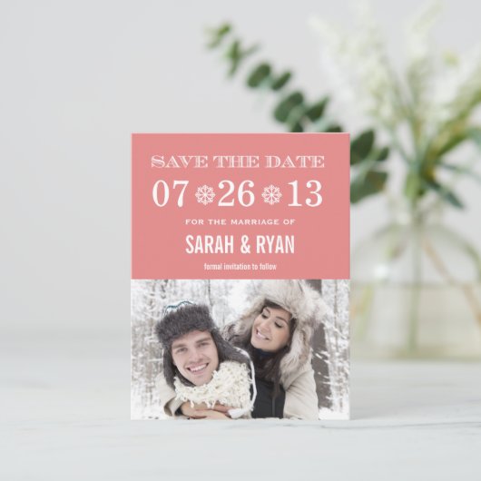 Schattigee Snowflake Peach Sla de datum Foto Brief Aankondigingskaart (Staand voorkant)