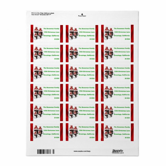Schattigee Snowman familie van vier retour adresla Etiket (Full Sheet)