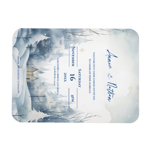 Schattigee Snowy Landscape Winter Huwelijksuitnodi Magneet (Horizontaal)