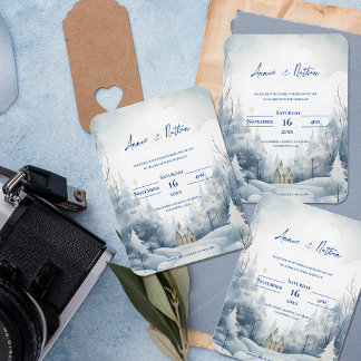 Schattigee Snowy Landscape Winter Huwelijksuitnodi Magneet