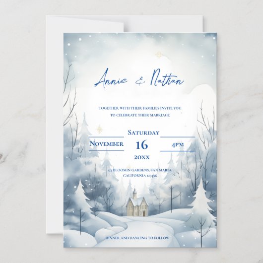 Schattigee Snowy Landscape Winterbruiloft Magnetische Uitnodiging (Voorkant)