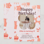 Schattigee Soft Pink Happy Birthday Kind Uitnodigi Kaart (Voorkant / Achterkant)