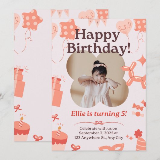 Schattigee Soft Pink Happy Birthday Kind Uitnodigi Kaart (Voorkant / Achterkant)