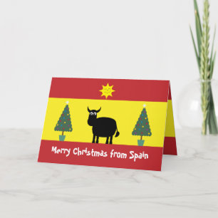 Schattigee Spaanse stier, vlag en kerstbomen Kaart