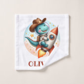 Schattigee Space Cowboy Trex op een Space Rocket Washandje (Wasdoekje)