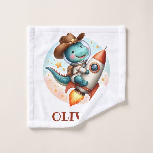 Schattigee Space Cowboy Trex op een Space Rocket Washandje (Wasdoekje)