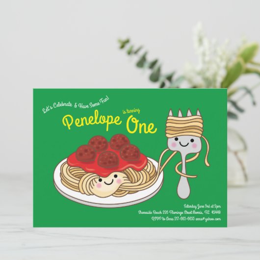 Schattigee Spaghetti Kinder 1e Verjaardagsfeestje  Kaart (Staand voorkant)