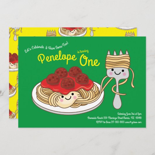 Schattigee Spaghetti Kinder 1e Verjaardagsfeestje  Kaart (Voorkant / Achterkant)