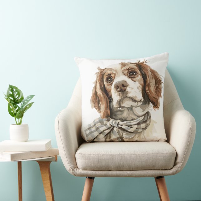SCHATTIGEE SPANIEL PUPPYHOND MET GROENE SJAAL KUSSEN (Stoel)