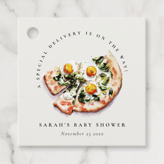 Schattigee speciale levering Pizza Baby shower Par Bedankjes Labels (Voorkant)