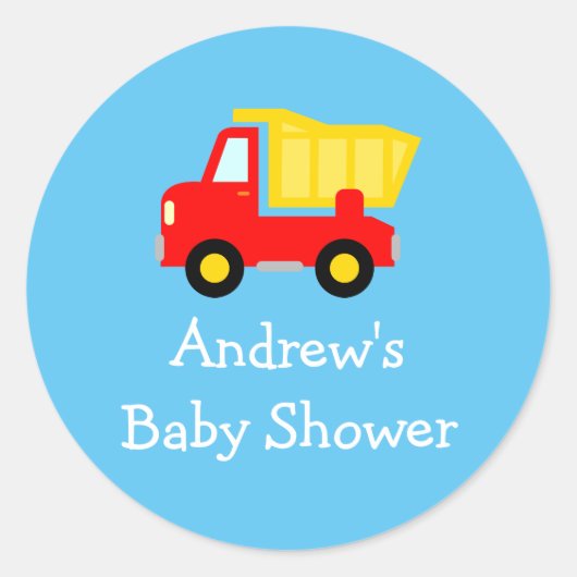 Schattigee speelgoed dump truck baby shower sticke ronde sticker (Voorkant)
