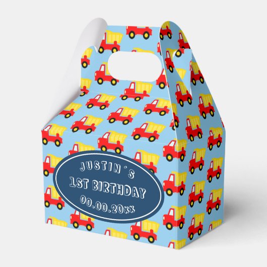 Schattigee speelgoed dump truck boy's 1e verjaarda bedankdoosjes (Voorkant Zijde)