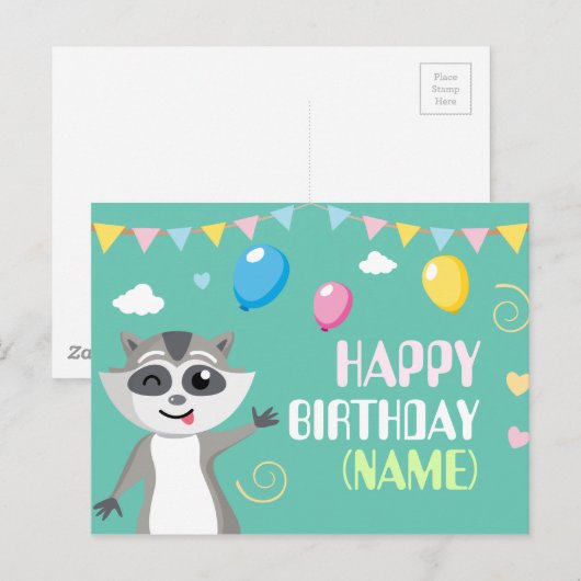 Schattigee speelse grappige wasbeer met ballonnen briefkaart (Voorkant / Achterkant)