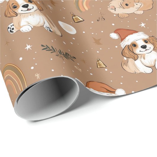 Schattigee speelse hond en sneeuwvlokken beige ker cadeaupapier (Rol Hoek)