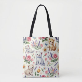 Schattigee speelse katten en bloemen Patroon Canva Tote Bag