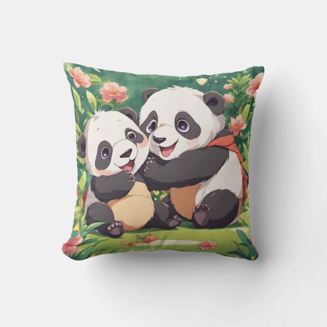Schattigee speelse kleine panda's - anime stijl kussen (Voorkant)