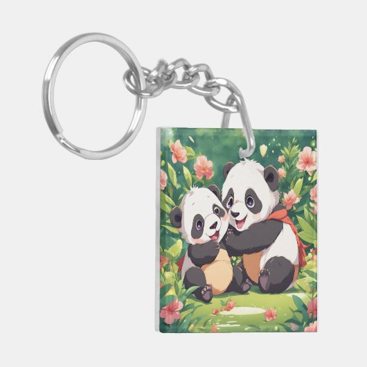 Schattigee speelse kleine panda's - anime stijl sleutelhanger (Voorkant Links)
