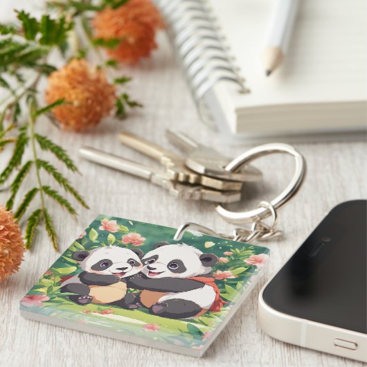 Schattigee speelse kleine panda's - anime stijl sleutelhanger (Voorkant Rechts)