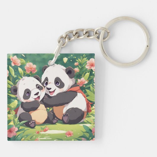 Schattigee speelse kleine panda's - anime stijl sleutelhanger (Achterkant)