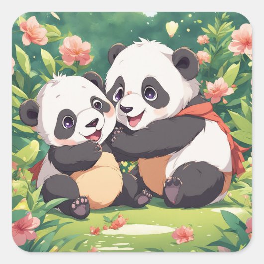 Schattigee speelse kleine panda's - anime stijl vierkante sticker (Voorkant)