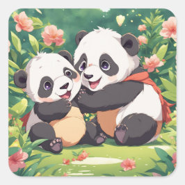 Schattigee speelse kleine panda's - anime stijl vierkante sticker