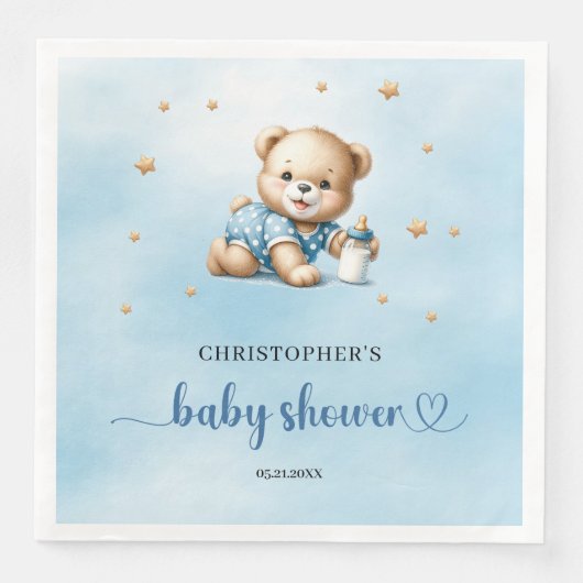 Schattigee speelse teddybeer bruin blauw baby show servet (Voorkant)