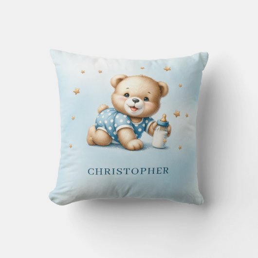 Schattigee speelse teddybeer met baby-flesje kussen (Voorkant)