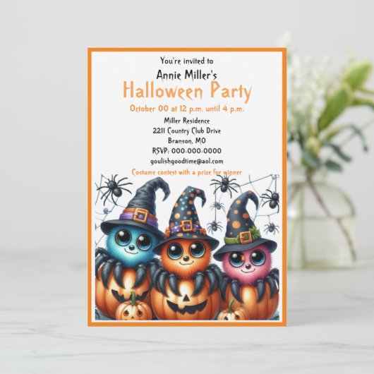 Schattigee Spinnen Pompoen Halloween Uitnodiging (Staand voorkant)