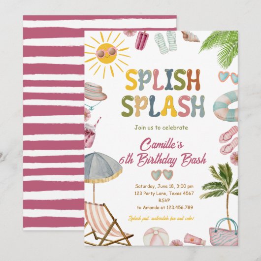 Schattigee Splish Splash Girl Verjaardag Bash Pool Kaart (Voorkant / Achterkant)