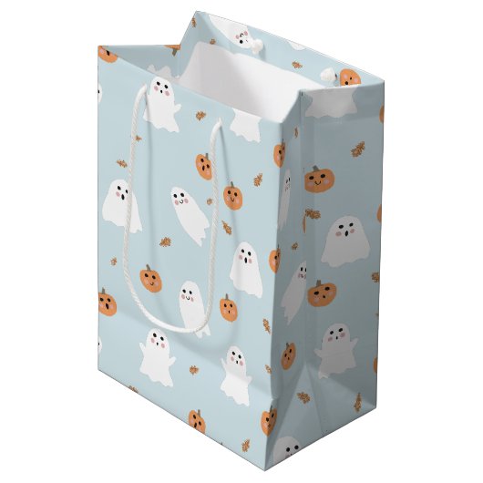 Schattigee Spook & Pompoen Blauw Halloween Patroon Medium Cadeauzakje (Voorkant Gekanteld)