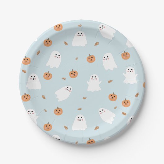 Schattigee Spook & Pompoen Blauw Halloween Patroon Papieren Bordje (Voorkant)