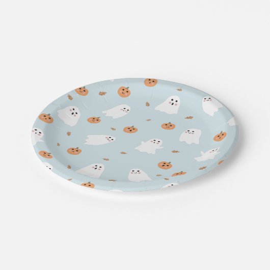 Schattigee Spook & Pompoen Blauw Halloween Patroon Papieren Bordje (Gekanteld)