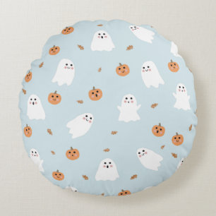 Schattigee Spook & Pompoen Blauw Halloween Patroon Rond Kussen