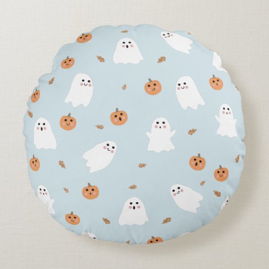 Schattigee Spook & Pompoen Blauw Halloween Patroon Rond Kussen (Voorkant)