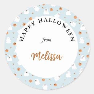 Schattigee Spook & Pompoen Blauw Halloween Patroon Ronde Sticker