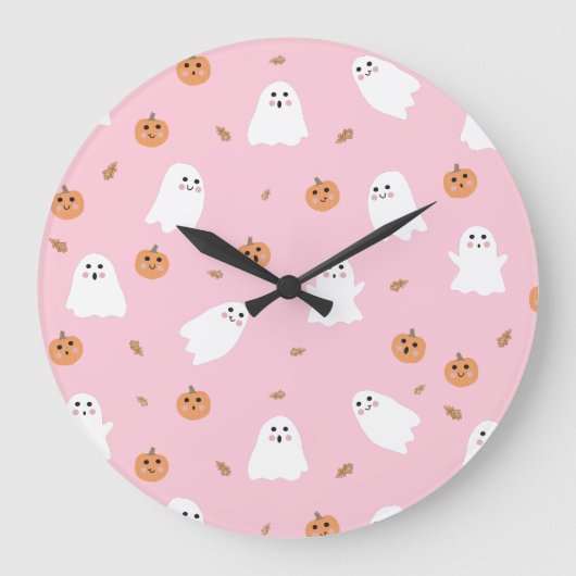 Schattigee Spook & Pompoen Roze Halloween Patroon Grote Klok (Voorkant)