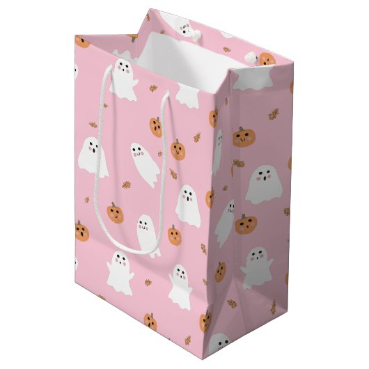 Schattigee Spook & Pompoen Roze Halloween Patroon Medium Cadeauzakje (Voorkant Gekanteld)